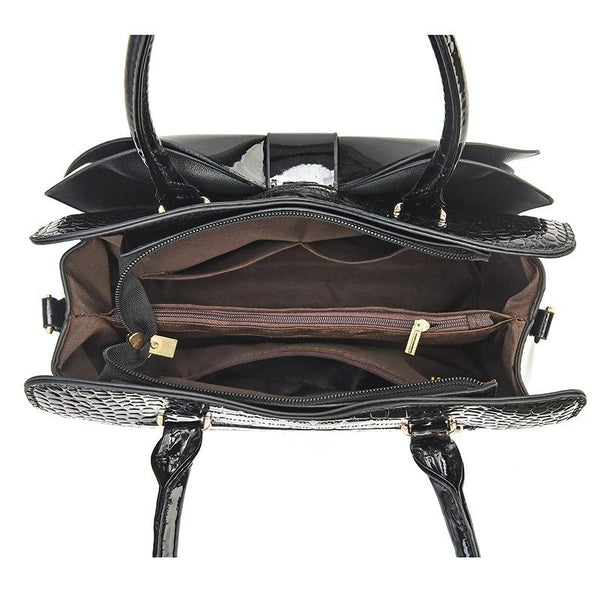 Faux Patent Crocodile PU Leather Womens Shoulder Bag Handbag Bow Design Black
