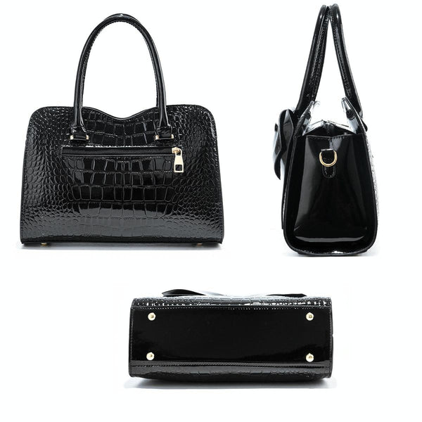 Faux Patent Crocodile PU Leather Womens Shoulder Bag Handbag Bow Design Black