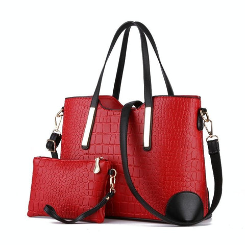 2 Pce Faux Crocodile PU Leather Tote Shoulder Clutch Bag Handbag Set Wine Red