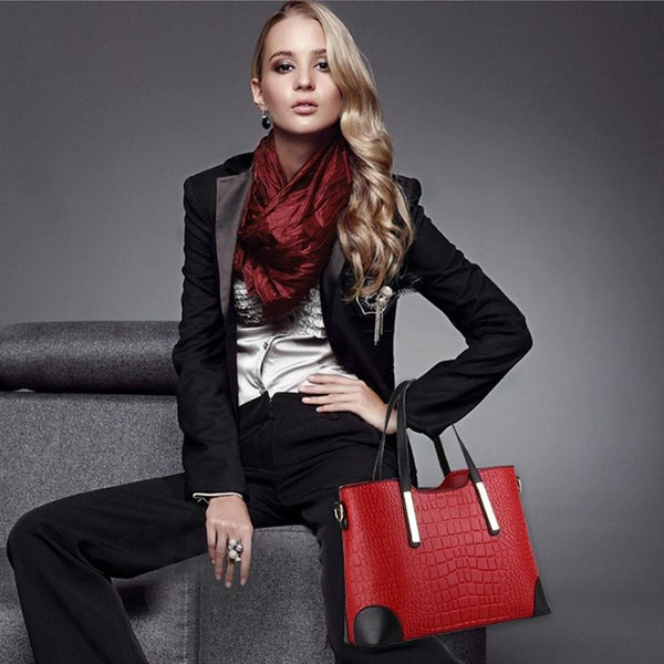 2 Pce Faux Crocodile PU Leather Tote Shoulder Clutch Bag Handbag Set Wine Red