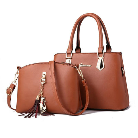 2 Pce Faux PU Leather Tote Crossbody Shoulder Bag Handbag Tassel Charm Khaki