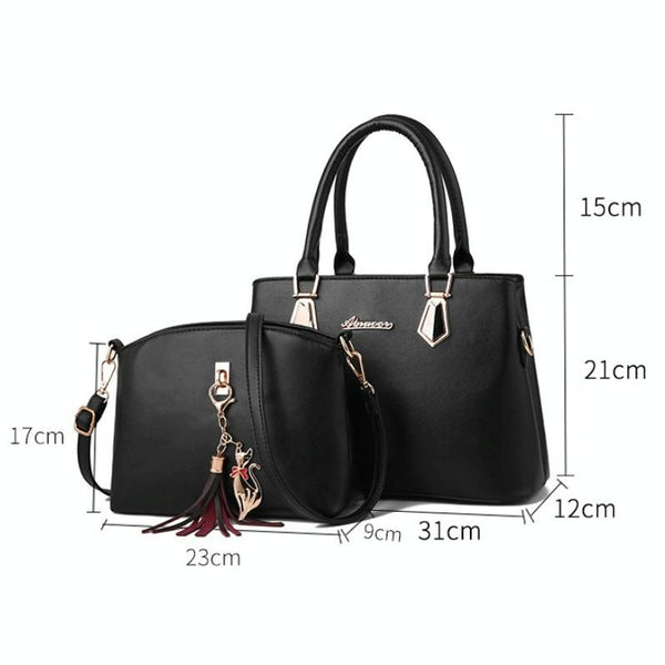 2 Pce Faux PU Leather Tote Crossbody Shoulder Bag Handbag Tassel Charm Khaki