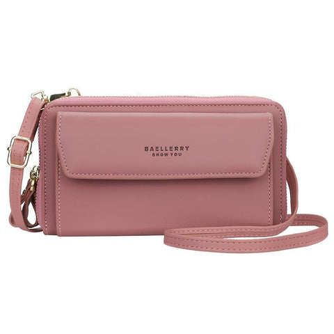 Faux PU Leather Shoulder Bag Handbag Wallet Fold Double Zip Dark Pink