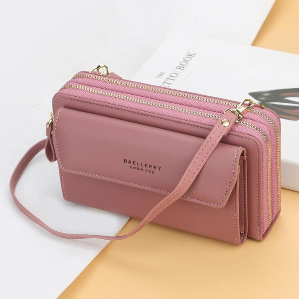 Faux PU Leather Shoulder Bag Handbag Wallet Fold Double Zip Dark Pink