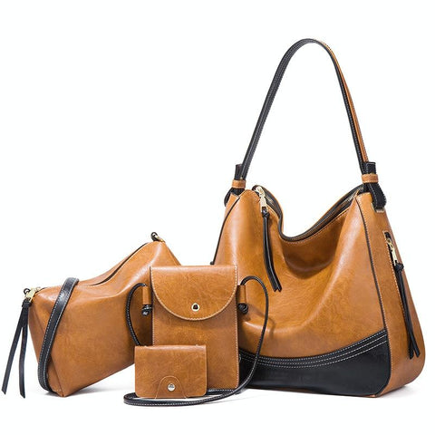 4 Pce Dual Colour Faux PU Leather Tote Shoulder Crossbody Phone Card Bag Brown