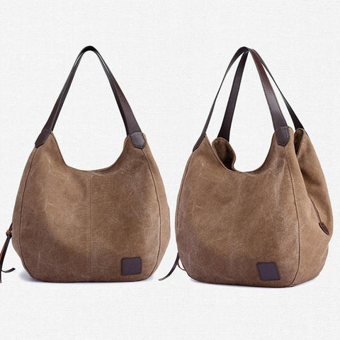 1 x Womens Casual Canvas Bucket Tote Shoulder Bag Multi Pocket Coffee