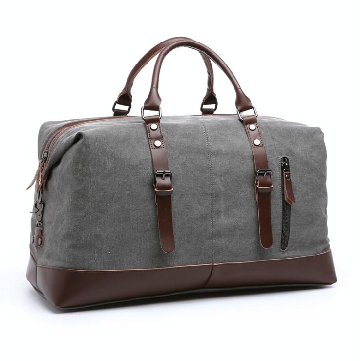 Washed Canvas Leather Accent Duffel Bag Travel Sport Holiday Trips Grey