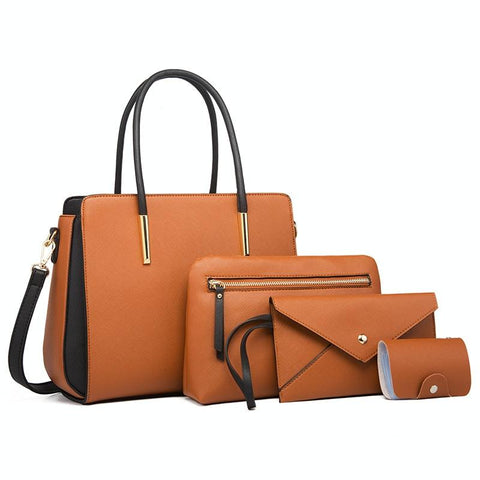 4 Pce Faux PU Leather Tote Shoulder Pouch Clutch Bag Handbag Card Holder Brown