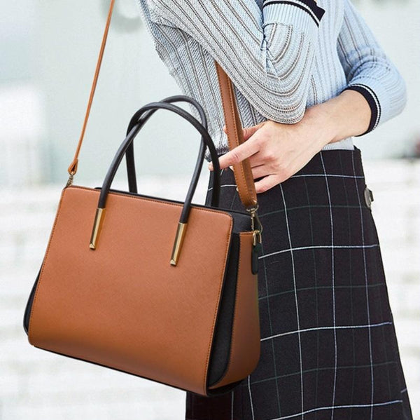4 Pce Faux PU Leather Tote Shoulder Pouch Clutch Bag Handbag Card Holder Brown