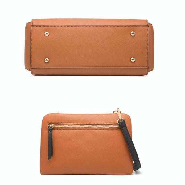 4 Pce Faux PU Leather Tote Shoulder Pouch Clutch Bag Handbag Card Holder Brown