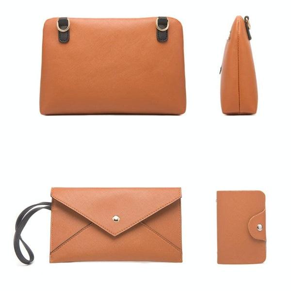 4 Pce Faux PU Leather Tote Shoulder Pouch Clutch Bag Handbag Card Holder Brown
