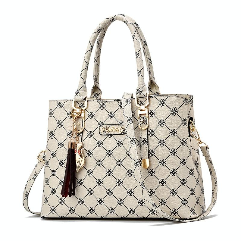 Faux PU Leather Crossbody Shoulder Bag Handbag Cat Tassel Charm Off White