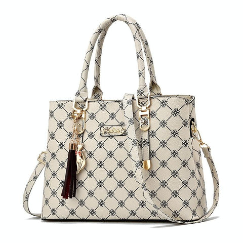 Faux PU Leather Crossbody Shoulder Bag Handbag Cat Tassel Charm Off White