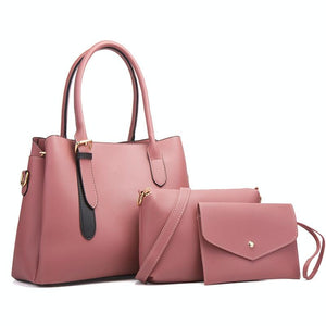 3 Pce Faux PU Leather Tote Shoulder Crossbody Clutch Bag Handbag Set Pink