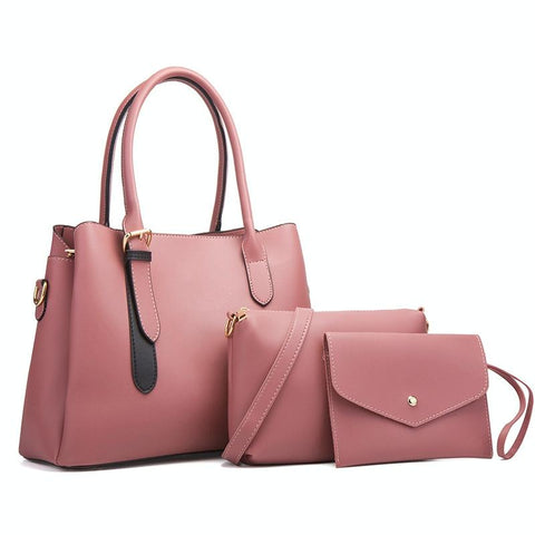 3 Pce Faux PU Leather Tote Shoulder Crossbody Clutch Bag Handbag Set Pink