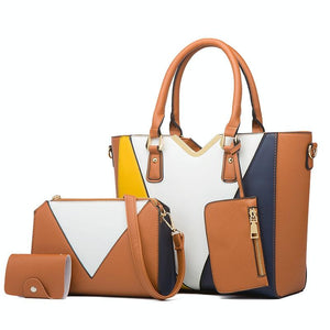 3 Pce Faux PU Leather V Top Diagonal Tote Shoulder Crossbody Bag Card Holder Brown