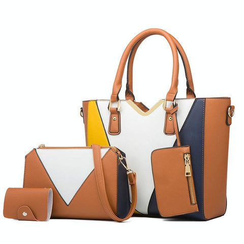 3 Pce Faux PU Leather V Top Diagonal Tote Shoulder Crossbody Bag Card Holder Brown
