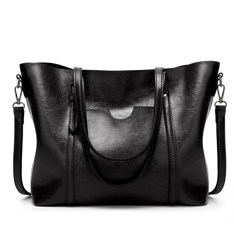 Wax Finish Faux PU Leather Tote Shoulder Bag Handbag Buckle Detail Black