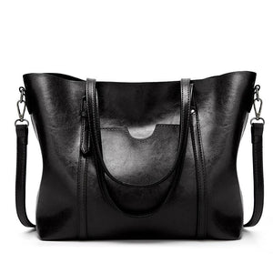 Wax Finish Faux PU Leather Tote Shoulder Bag Handbag Buckle Detail Black