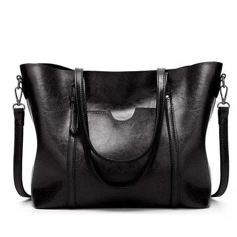 Wax Finish Faux PU Leather Tote Shoulder Bag Handbag Buckle Detail Black