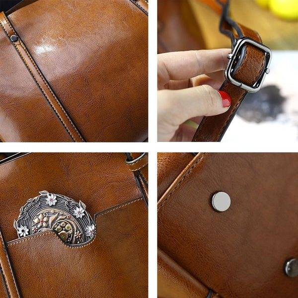 Wax Finish Faux PU Leather Tote Shoulder Bag Handbag Buckle Detail Black