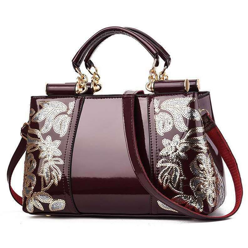 Patent Look PVC Shoulder Bag Handbag Floral Sequin Pattern Metal Accents Red Wine