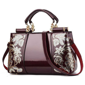 Patent Look PVC Shoulder Bag Handbag Floral Sequin Pattern Metal Accents Red Wine
