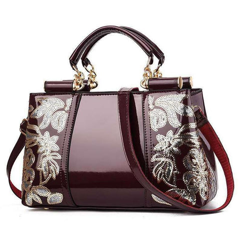 Patent Look PVC Shoulder Bag Handbag Floral Sequin Pattern Metal Accents Red Wine