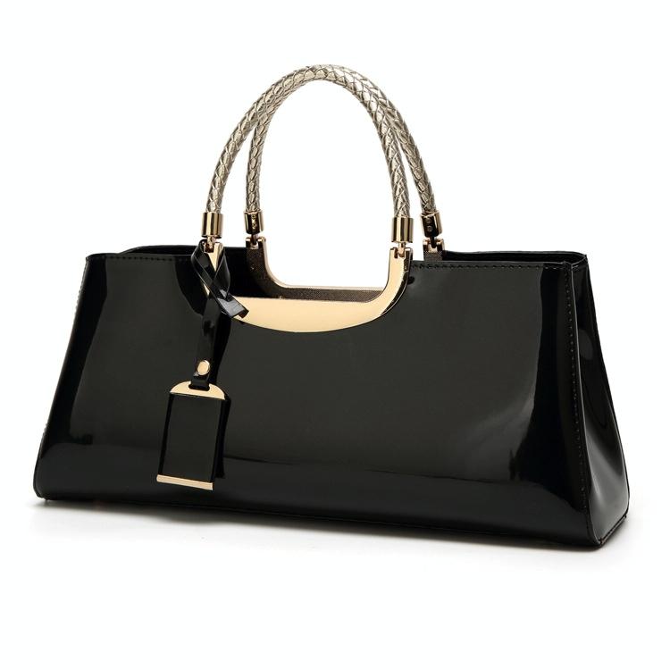 Patent PU Leather Womens Handbag Metal Rope Look Handles Gold Trim Black