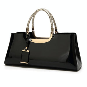 Patent PU Leather Womens Handbag Metal Rope Look Handles Gold Trim Black
