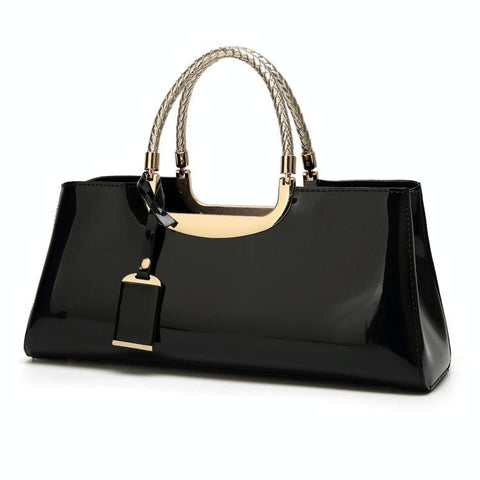 Patent PU Leather Womens Handbag Metal Rope Look Handles Gold Trim Black