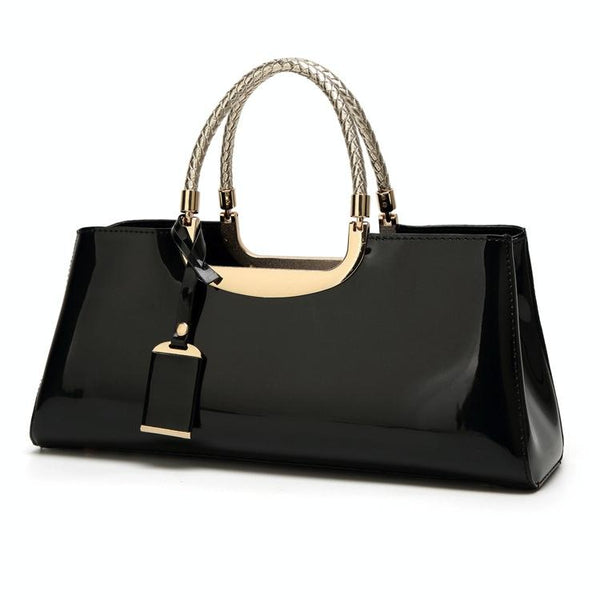 Patent PU Leather Womens Handbag Metal Rope Look Handles Gold Trim Black
