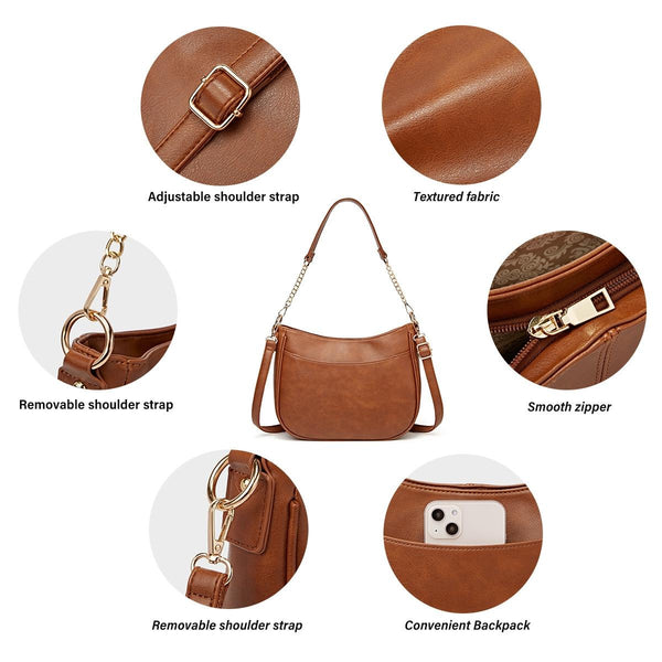 Faux PU Leather Crossbody Shoulder Bag Detachable Strap Brown