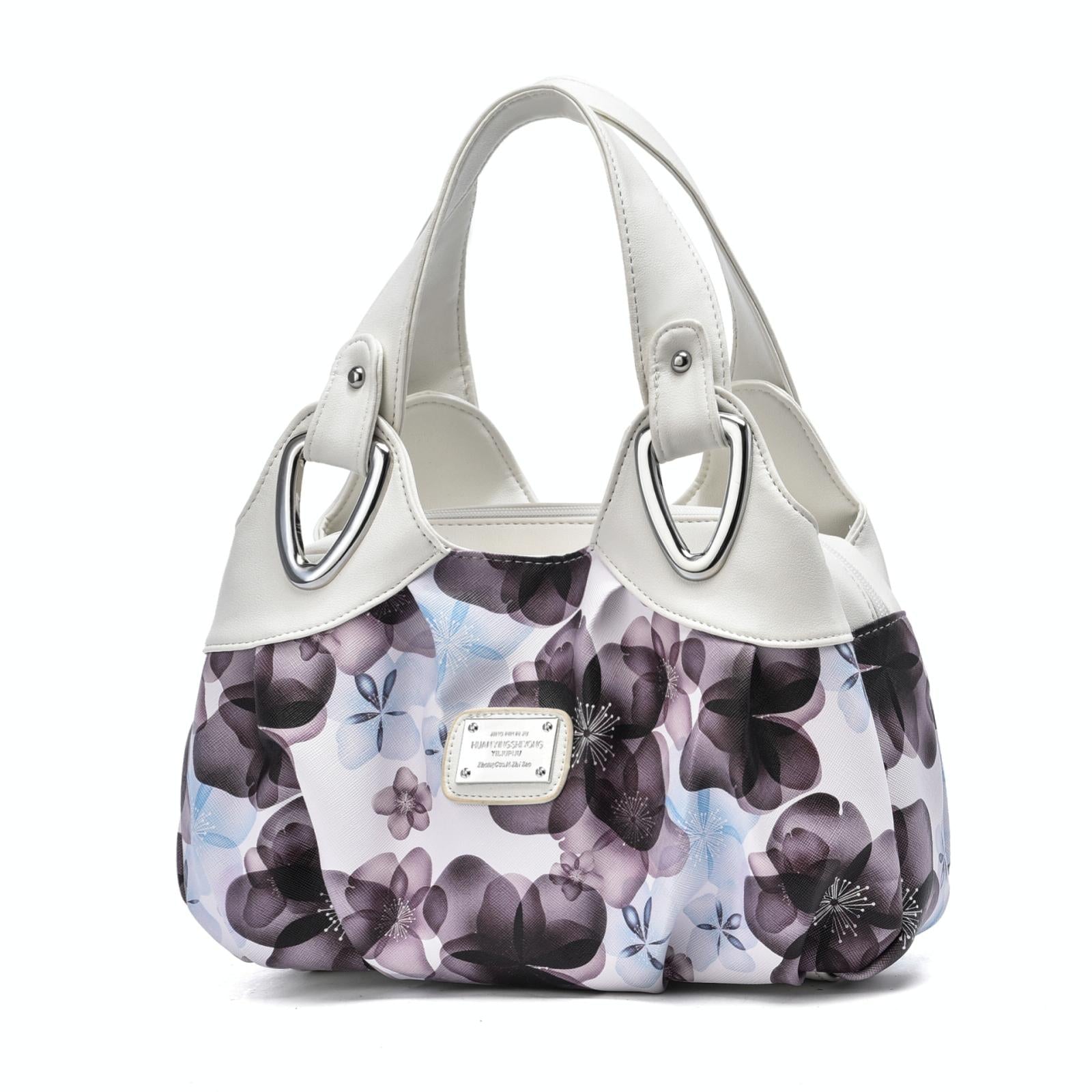 Faux PU Leather Slouchy Bucket Bag Handbag Multi Pocket White Handle Purple Floral