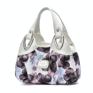 Faux PU Leather Slouchy Bucket Bag Handbag Multi Pocket White Handle Purple Floral