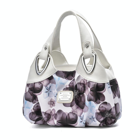 Faux PU Leather Slouchy Bucket Bag Handbag Multi Pocket White Handle Purple Floral