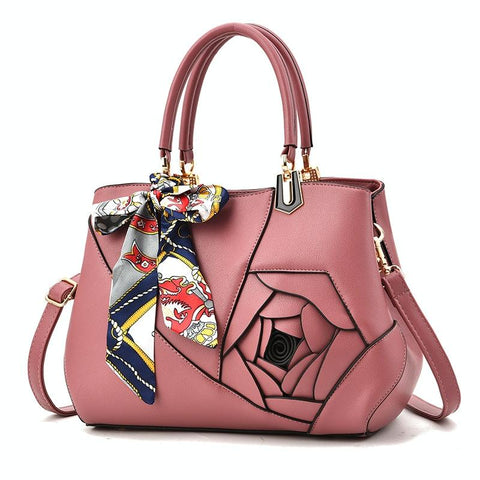 Faux PU Leather 3D Rose Design Tote Shoulder Bag Handbag Scarf Trim Rubber Pink