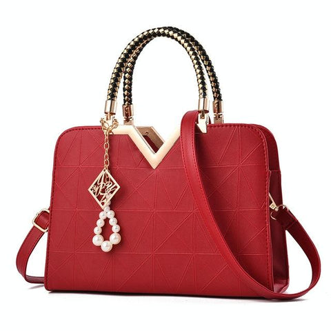Faux PU Leather Crossbody Shoulder Bag Handbag V Top Faux Pearl Charm Wine Red