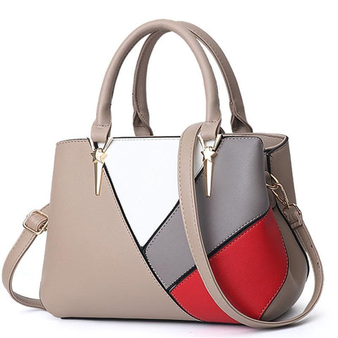 Womens Colourblock Faux PU Leather Tote Shoulder Bag Handbag Khaki