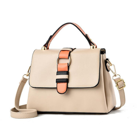 Faux PU Leather Satchel Flap Top Handle Shoulder Bag Handbag Apricot