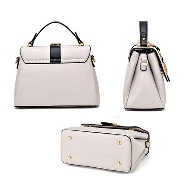 Faux PU Leather Satchel Flap Top Handle Shoulder Bag Handbag Apricot