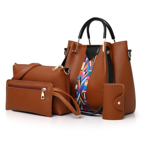 4 Piece PU Leather Tote Shoulder Clutch Bag Handbag Wallet Purse Set Brown