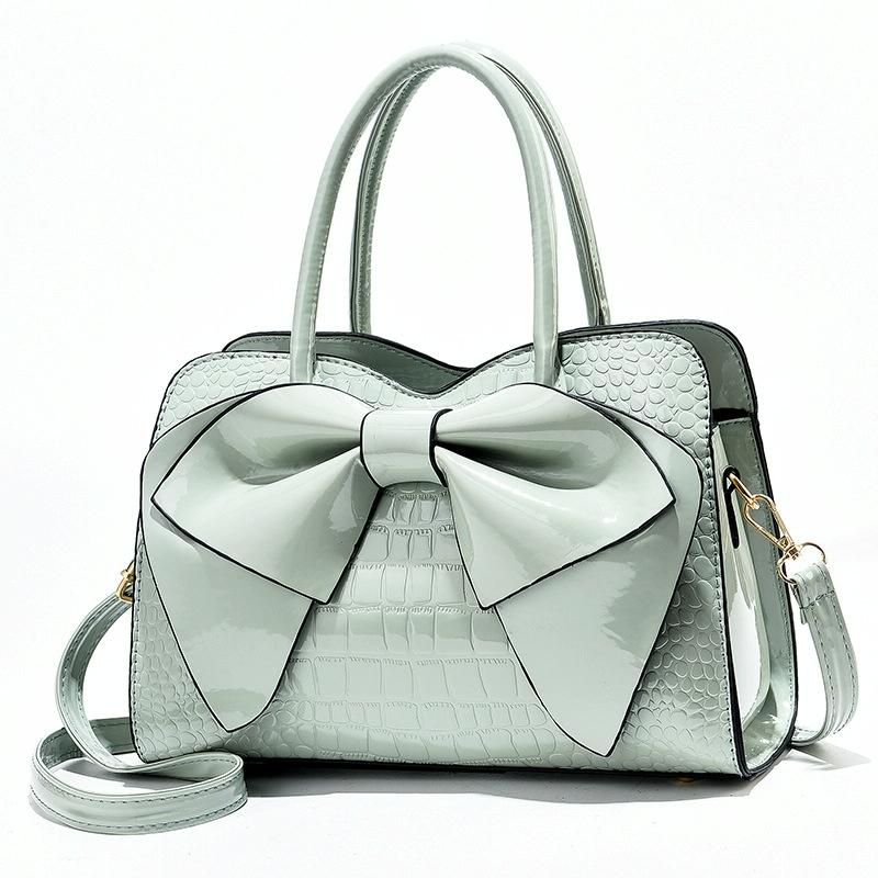 Faux Patent Crocodile PU Leather Womens Shoulder Bag Handbag Bow Design Green