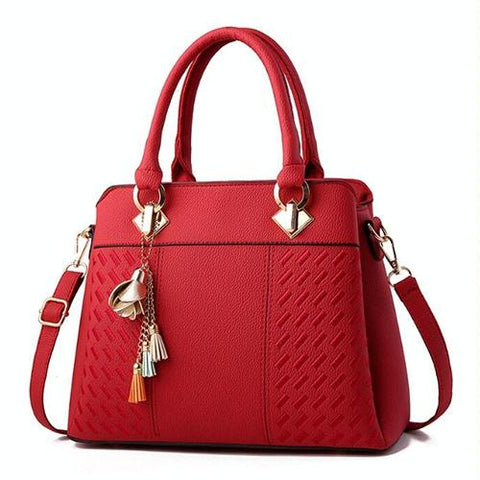 Embroidered Faux PU Leather Shoulder Crossbody Bag Tassel Charm Wine Red