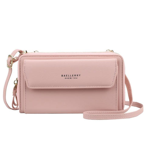 Faux PU Leather Shoulder Bag Handbag Wallet Fold Double Zip Light Pink