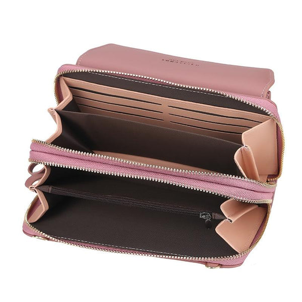 Faux PU Leather Shoulder Bag Handbag Wallet Fold Double Zip Light Pink
