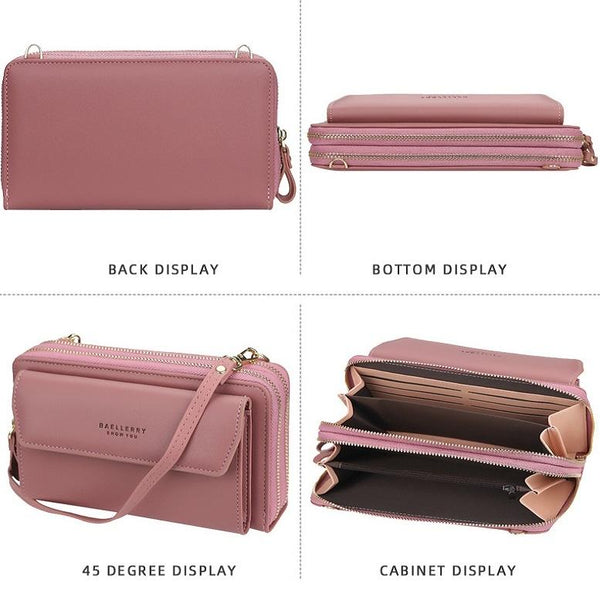 Faux PU Leather Shoulder Bag Handbag Wallet Fold Double Zip Light Pink