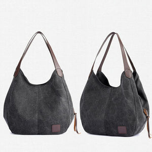 1 x Womens Casual Canvas Bucket Tote Shoulder Bag Multi Pocket Black