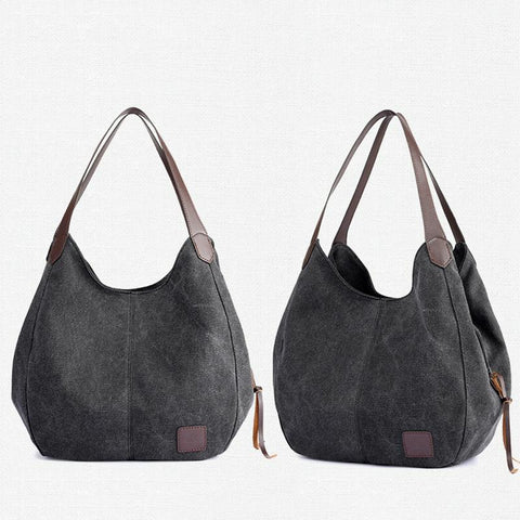 1 x Womens Casual Canvas Bucket Tote Shoulder Bag Multi Pocket Black