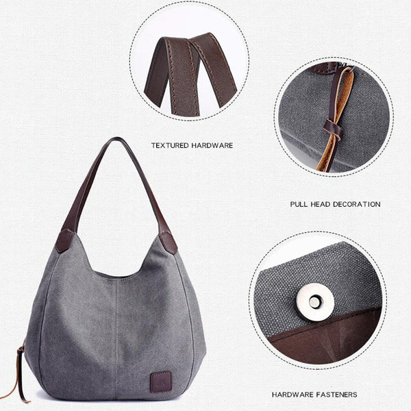 1 x Womens Casual Canvas Bucket Tote Shoulder Bag Multi Pocket Black